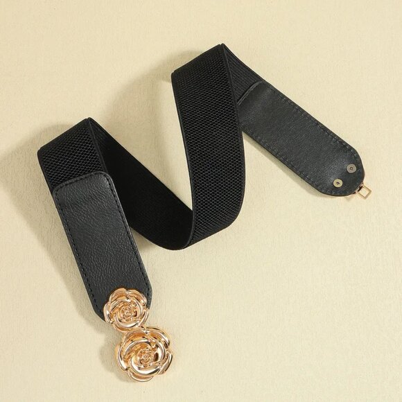 2/$30 Elastic Stretch Black Belt with Gold Rose Buckle Thin Pu Leather For Dress - Picture 6 of 8